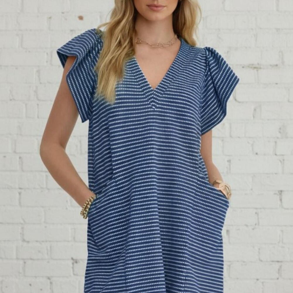 Blue Stripe Textured V-Neck Flutter Sleeve Mini Dress